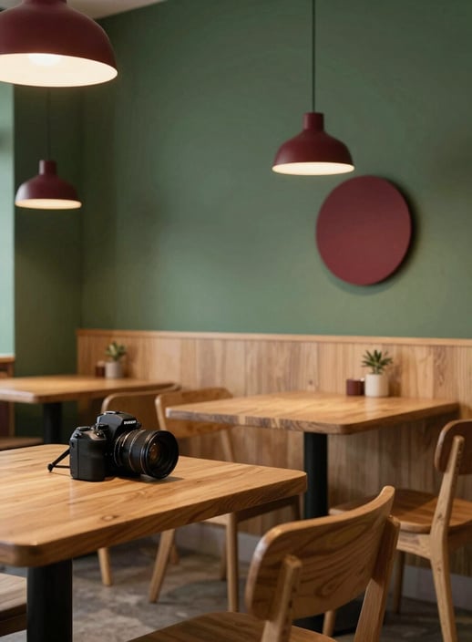A cozy, Scandinavian-style restaurant interior in a North American / US neighborhood. Minimalist wooden furniture, matte forest green walls, and soft warm lighting hitting deep ripe crimson decorative elements. A professional camera sits on a table, hinting at content creation.