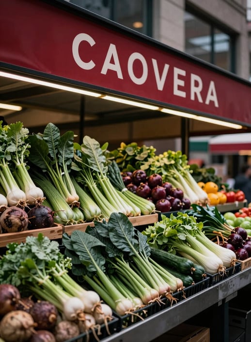 A high-contrast photograph of a vibrant modern food market in a North American / US city. The scene features fresh organic produce, matte forest green foliage, and deep ripe crimson signage. The lighting is crisp and sophisticated, highlighting the artisanal quality of the food items.