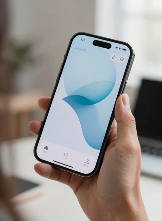 A close-up photograph of a sleek, modern smartphone displaying a vibrant interface, held by a person in a bright North American / US creative studio. The lighting is soft and natural, emphasizing the pale azure and cloud white tones of the brand mood. The composition is focused on the device and the user's hand.