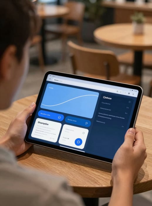 A person using a tablet with a sophisticated productivity app while sitting in a contemporary North American / US cafe. The shot is over-the-shoulder, showing the fluid app design featuring sky blue and dark midnight blue elements. The background is softly blurred to keep focus on the functional technology.