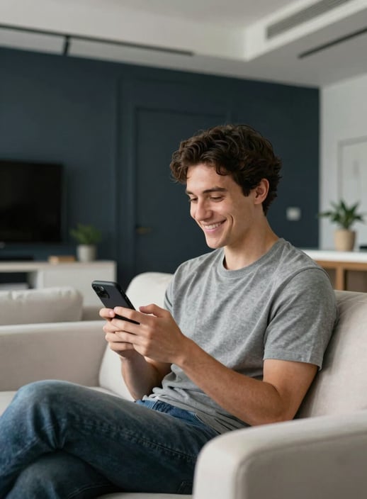 A professional photography image of a smiling person in a modern North American / US living area, holding a phone and looking relaxed. The background is a clean, sophisticated space with dark slate navy walls and soft off-white furniture, evoking a sense of calm reliability.