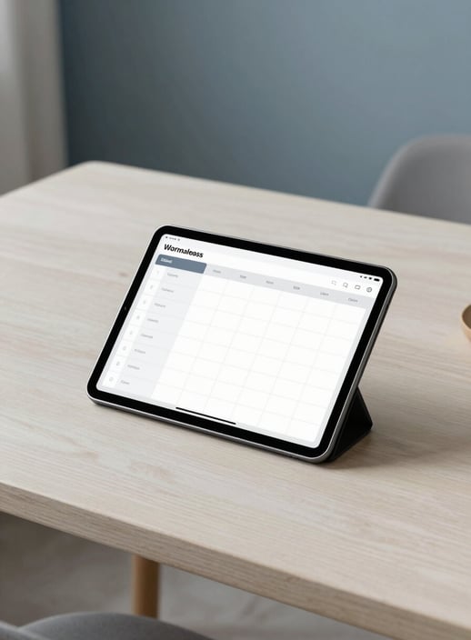 A high-quality photography shot of a serene North American / US home interior. On a sleek table made of soft off-white wood sits a tablet showing a clean, intuitive schedule for wellness. The lighting is calm and natural, highlighting accents of muted slate blue and soft grey-blue in the decor.