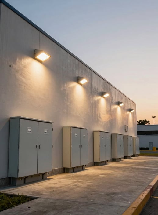 Wide-angle shot of a modern commercial infrastructure in Lima, showcasing perfectly installed outdoor lighting and electrical panels during the golden hour.