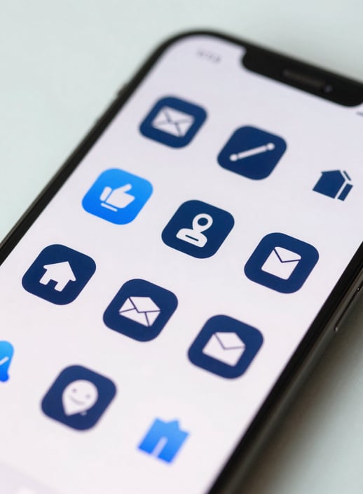 Macro shot of a high-resolution smartphone screen showing elegant, minimalist app icons in #2F4858 against a clean #E0F2F7 background, soft professional lighting.
