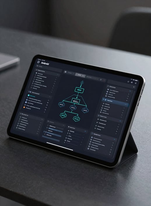 A sleek Android tablet resting on a dark professional desk, displaying a complex software architecture diagram in bright #E0F2F7 lines, sophisticated and high-tech feel.