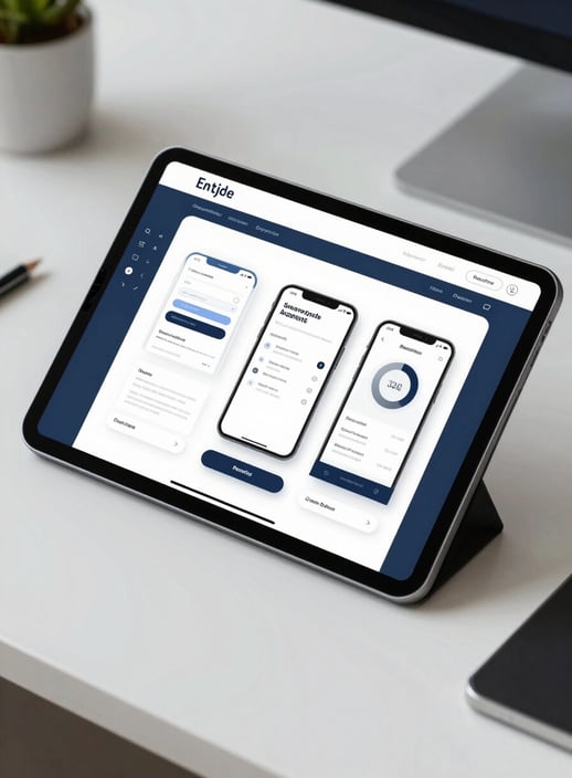 A top-down view of a modern workstation. A tablet shows digital wireframes for a new mobile application. The color palette includes #8FA39A and #1A2B3B, conveying a professional and innovative development environment.