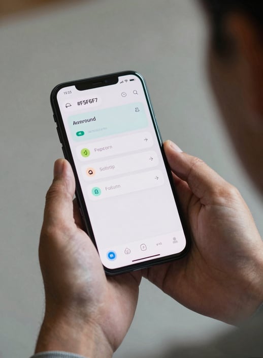 A close-up of a person's hands holding an Android smartphone. The screen shows a clean and insightful dashboard app. The atmosphere is professional and innovative, with soft studio lighting reflecting the #F5F6F7 palette.