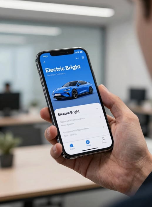 A high-end modern smartphone displaying a sleek automotive appraisal application, held by a professional in a modern Southern European / Spanish office. The screen shows a clean interface with the Electric Bright Blue color scheme.