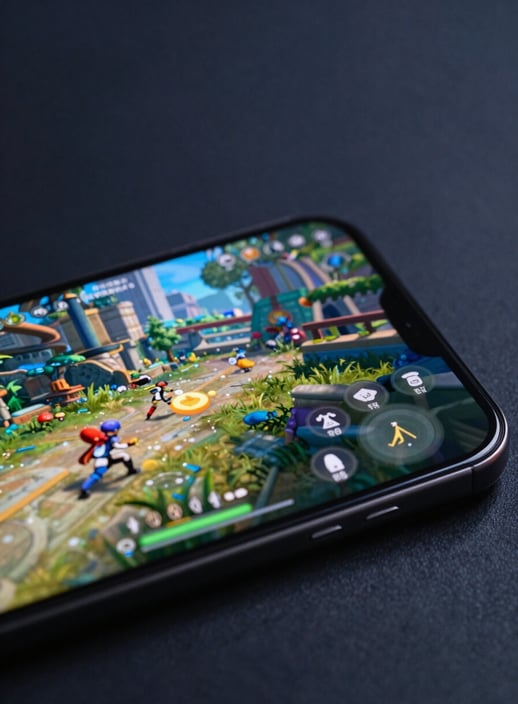 A close-up of a high-end mobile device screen showing a vibrant, sophisticated game interface in a Global / International urban setting with deep charcoal navy accents and sharp focus.