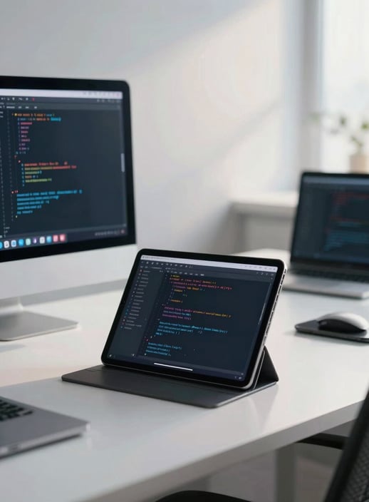 A modern Global / International tech workspace with a clean desk, a tablet showing code, and soft morning light, incorporating misty white and muted steel blue tones.