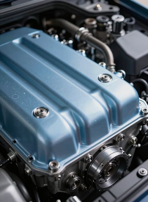 Close-up macro photography of a clean, modern car engine and mechanical components. Technical and precise lighting highlighting the reliability, featuring metallic Soft Sky Blue and Dark Midnight Blue reflections.