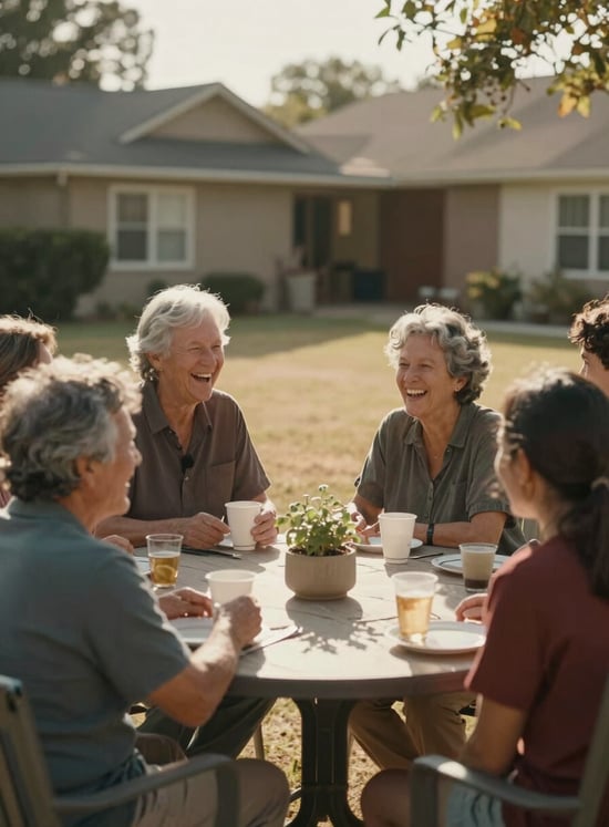 A candid medium shot of a multi-generational family laughing together at an outdoor table in a North American / US backyard. Warm sunlight, cinematic style, with soft sand and warm brown tones.