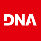 Official white DNA logo on a solid bright red background for corporate branding.