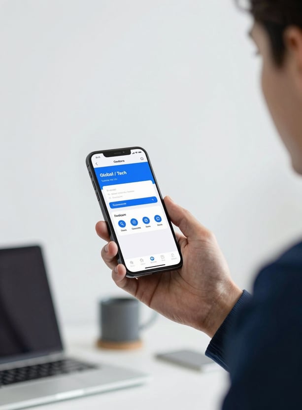 A professional in a modern Global / Tech Industry office environment, holding a smartphone showing a user-friendly interface. Soft white background, accents of classic blue, professional studio lighting, clean composition.