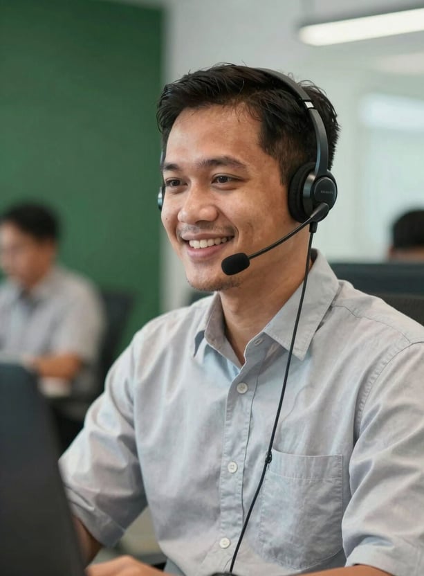 A friendly Southeast Asian / Indonesian support representative wearing a professional headset in a bright, modern office, blurred background with deep forest green accents, soft natural lighting, photography.