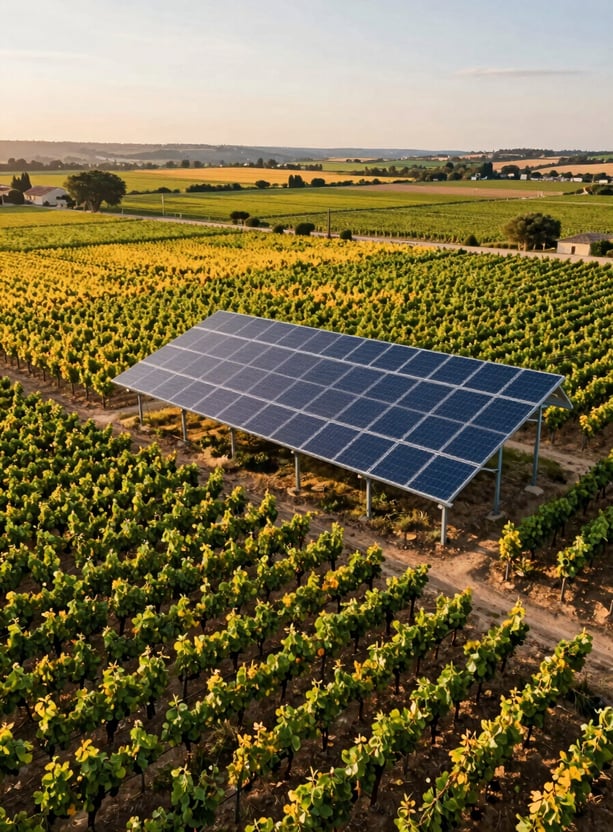 Wide drone shot of a sprawling vineyard in Southern France with sophisticated solar ombrières. Cinematic golden hour lighting, professional aesthetic, incorporating deep greens #2E7D65 and solar yellows #E7C66B against a clean sky.