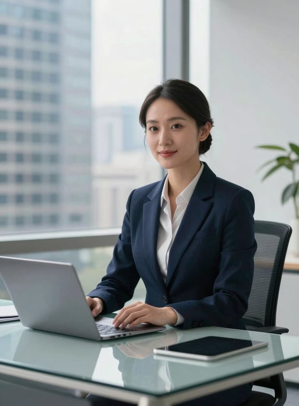 A professional office in a North American / US city with deep navy and steel blue accents. A clean glass desk with a sleek laptop, bright natural lighting, corporate photography.
