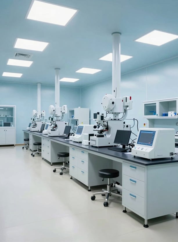 A wide-angle shot of a pristine, sterile cleanroom laboratory in a South Asian / Indian industrial facility. Lighting is bright and even, featuring pale sky blue and soft off-white surfaces and high-tech equipment.