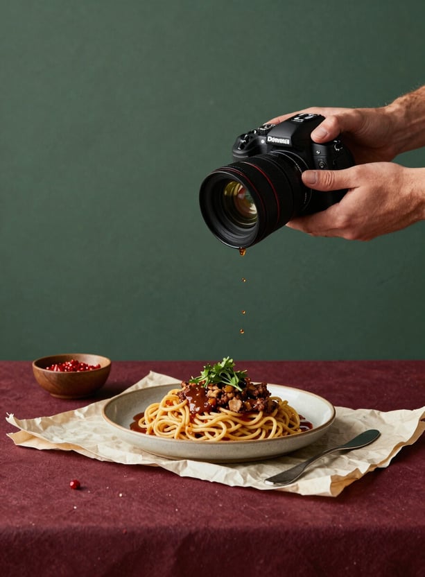 A professional food photographer in a North American / US studio setting capturing a beautifully styled rustic meal. The composition is cozy and clean with a matte forest green background, deep ripe crimson table accents, and crisp parchment highlights.
