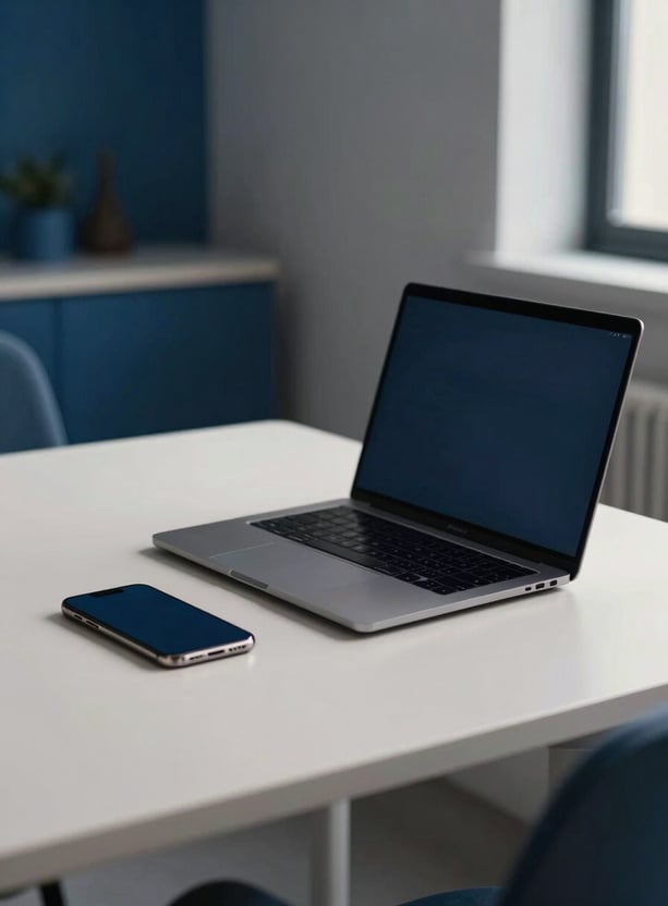 A clean, minimalist photograph of a modern workspace in a North American / US home office. A professional laptop and smartphone sit on a soft off-white desk. The scene is illuminated by cool morning light, incorporating deep ocean blue accents through office decor for a calm, innovative atmosphere.