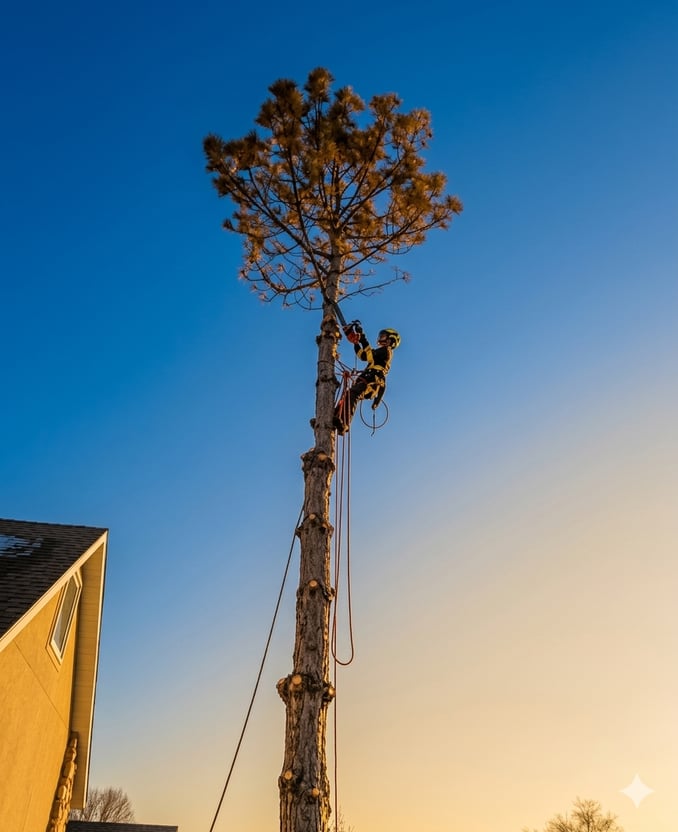 Certified arborist climbing a tall tree using professional rope rigging equipment against a clear bl
