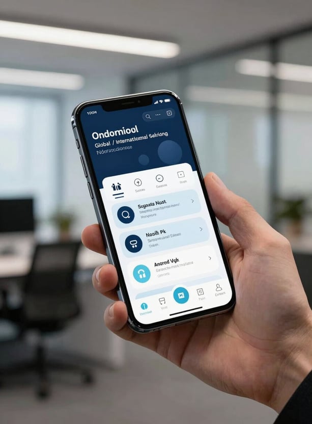 A sleek Android smartphone held by a professional in a modern Global / International office, displaying a secure app interface with soft arctic blue and deep charcoal navy highlights.