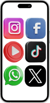 Tela de celular exibindo ícones de redes sociais como Instagram, Facebook, YouTube, TikTok, WhatsApp