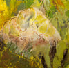 Close-up detail of thick textured acrylic paint showing a pale protea flower with yellow, green, and brown brushstrokes.