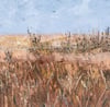 Close-up of textured acrylic painting showing layered brushstrokes of warm brown and beige grasses in a field.