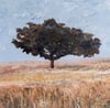 Close-up of textured acrylic painting focusing on a single dark tree standing in a field of muted earth tones.