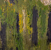 Close-up of textured vertical brushstrokes in green, yellow, and dark earthy colours, showing the paint’s depth and movement.