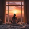 woman doing yoga meditation on brown parquet flooring