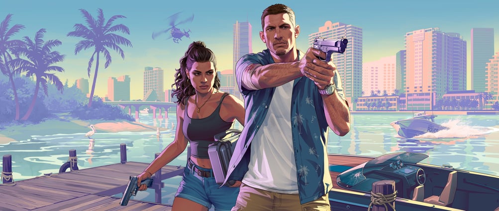 Poster de GTA 6 com Jason e Lucia divulgado pela Rockstar Games.