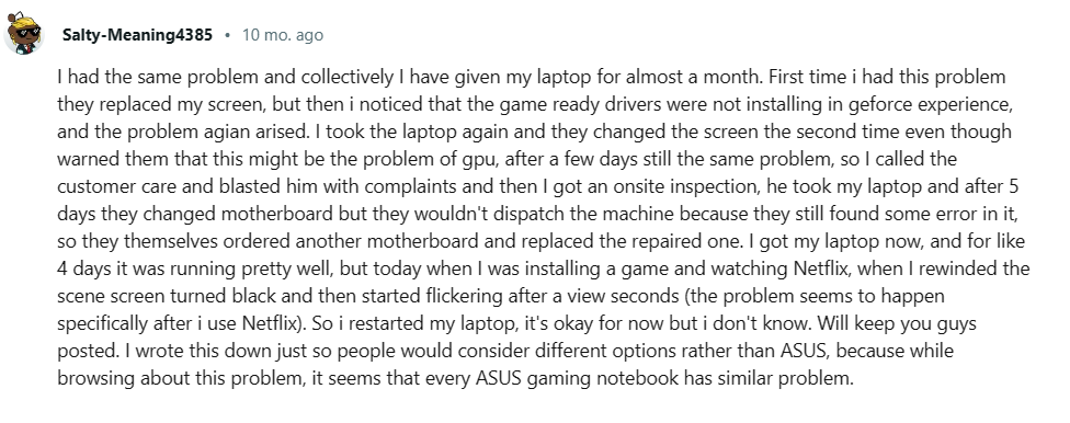 reddit post describing issues with asus tuf laptop