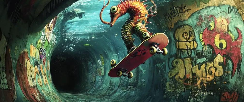 A sea monster skateboarding in an underwater skate park street scene