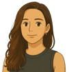 A cartoon representation of a woman {me} with long brown hair and a black top