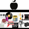 Silhouette of an apple sitting atop a crusher that is destroying creative tools