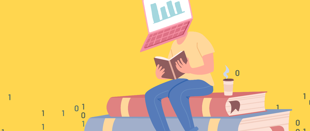 computer headed person studying books
