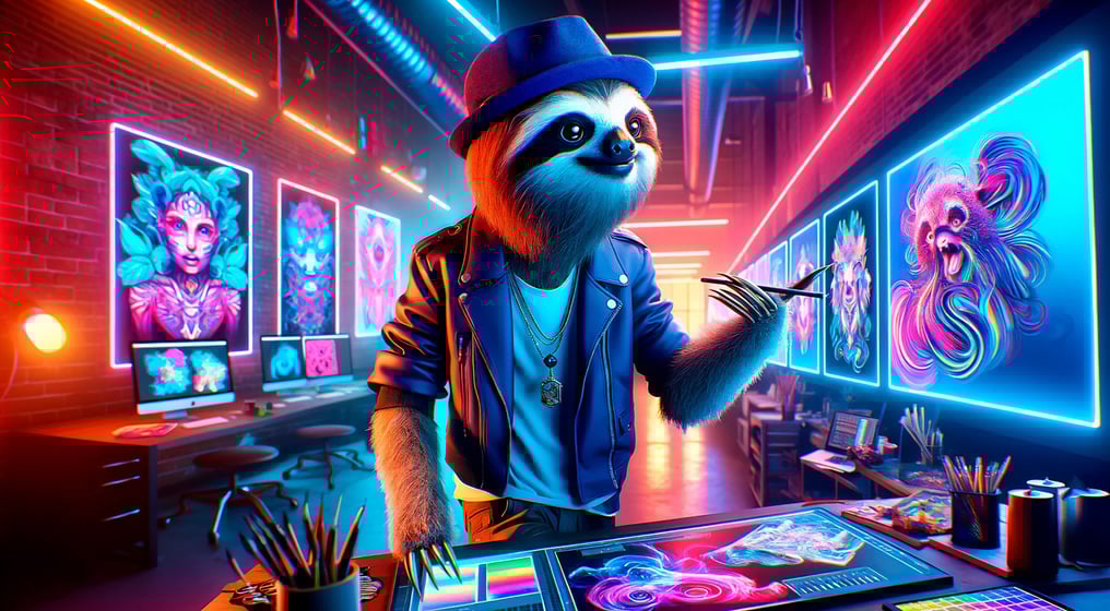 Digital artist sloth in art studio using Adobe Firefly, demonstrating AI-powered creativity with Structure Reference tool
