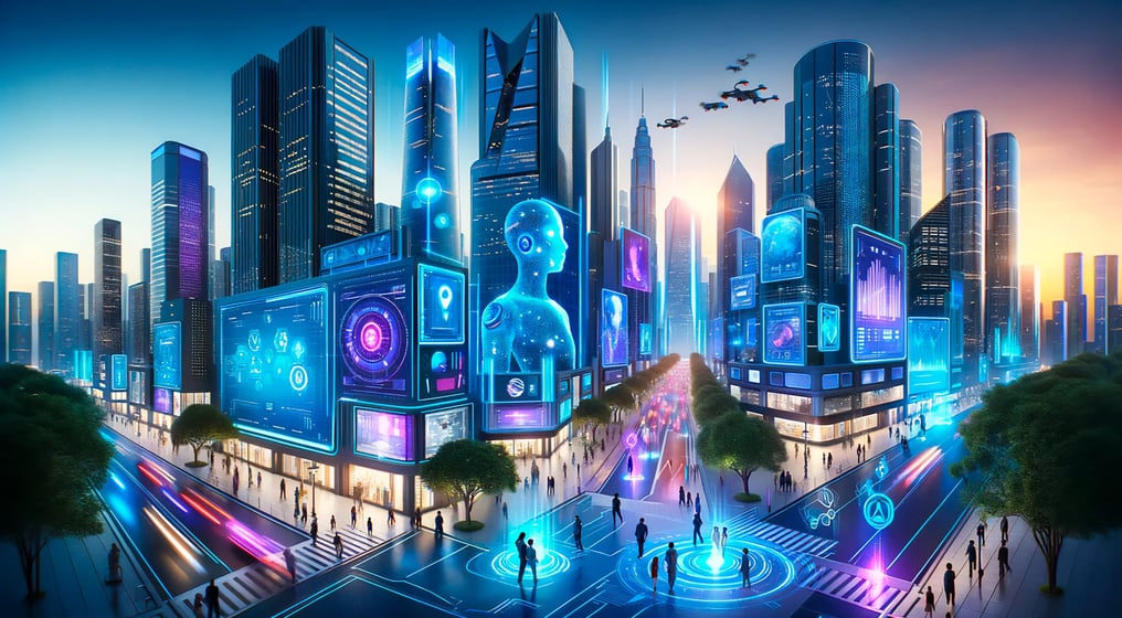 Futuristic city at twilight with neon AI holograms, interactive displays, and busy, illuminated pedestrian streets.