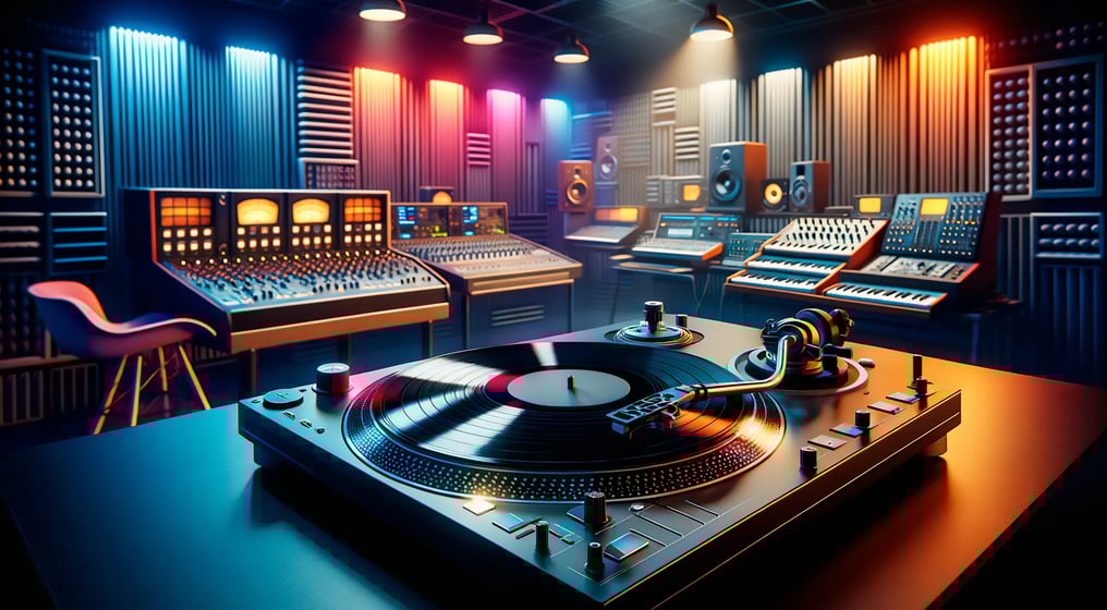 Sleek modern music studio featuring a vinyl turntable and advanced mixing gear illuminated by neon lights.