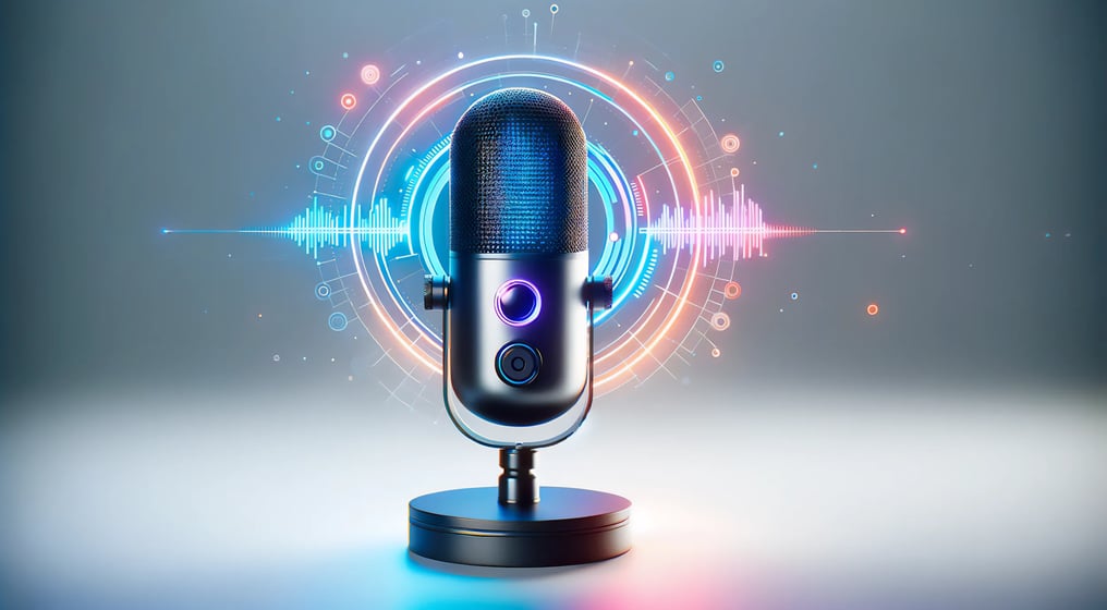 Advanced AI voice recognition microphone with vibrant soundwave graphics symbolizing cutting-edge voice synthesis technology.