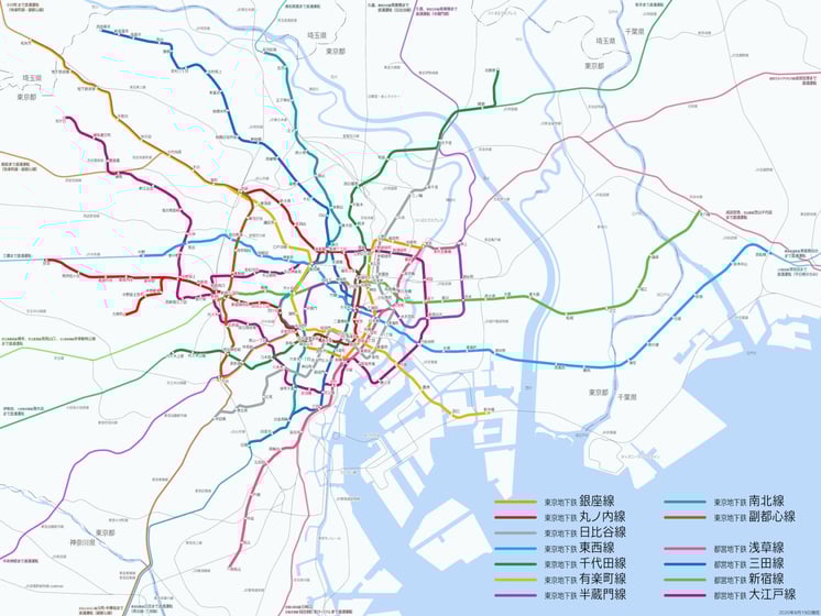 Mapa metra w Tokyo. Źródło: https://pl.wikipedia.org/wiki/Metro_w_Tokio