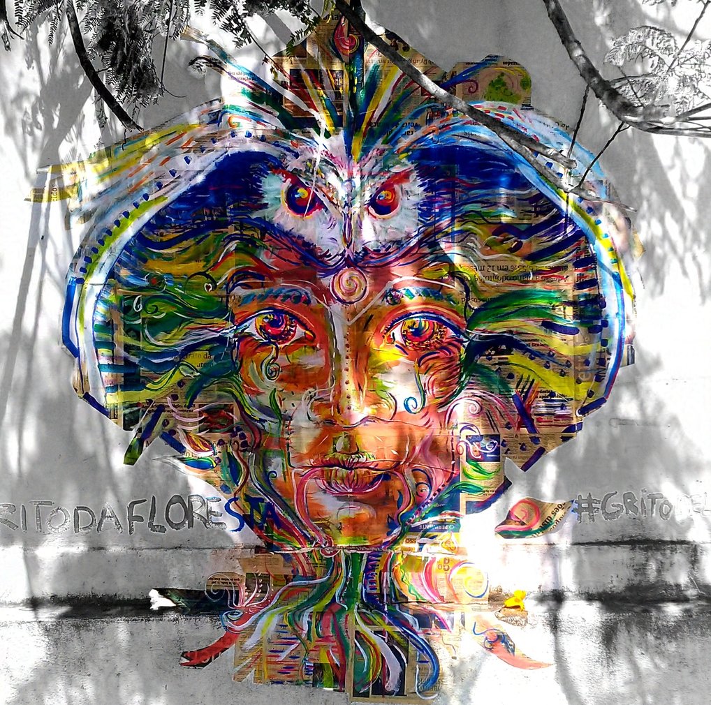 collage d'une peinture aux couleurs vives, où on peut distinguer un visage enraciné, une chouette ou encore une tête de cobra