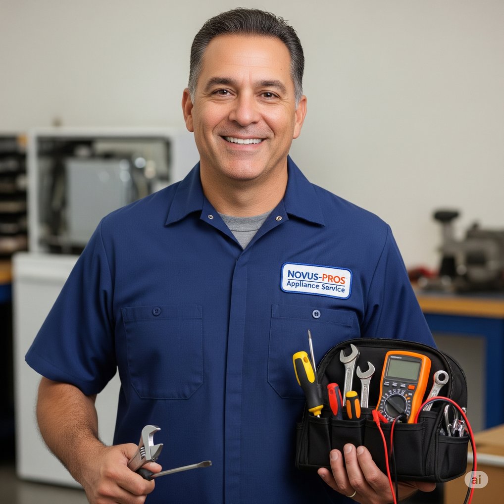 The confident face of a Novus-Pros technician, proudly displaying tools and uniform