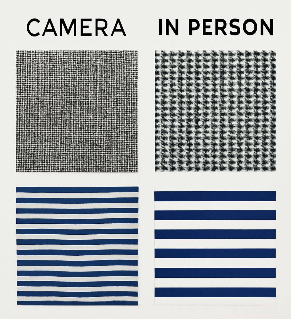 examples of problematic patterns and colors on camera versus how they appear in person