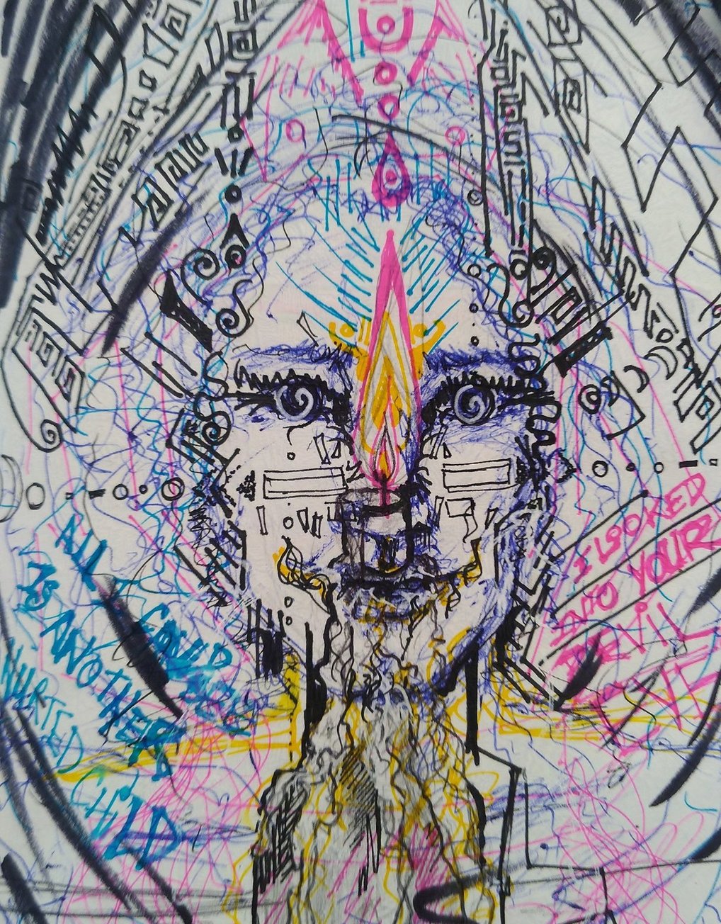 dessin extrait d'un carnet de croquis où on peut distinguer un visage  au regard hypnotique