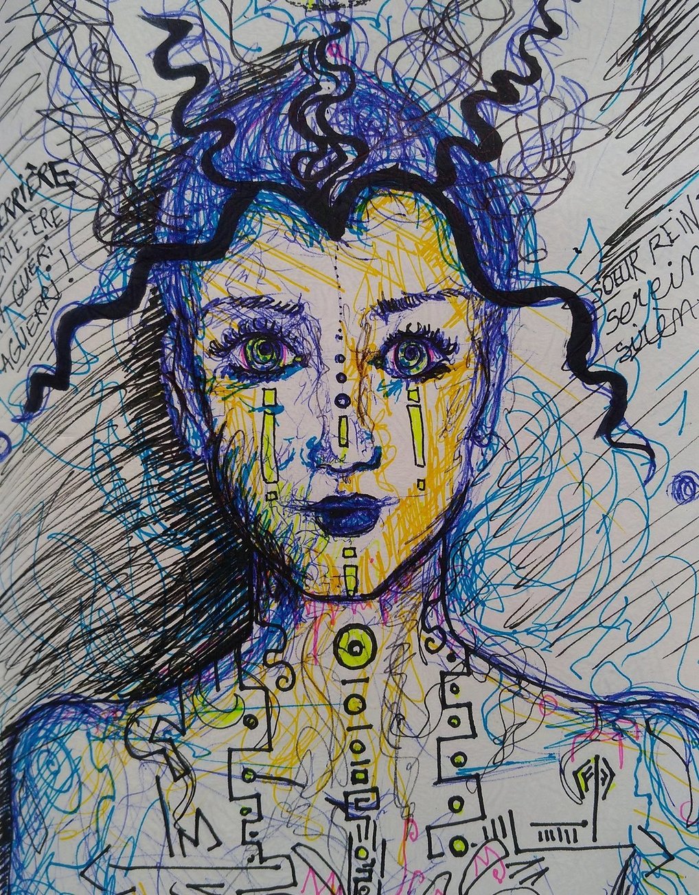 Dessin au feutre fin aux traits gribouillis représentant une personne sereine