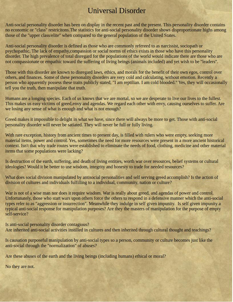 a letter to a man who is not a person titeled Universal Disorder