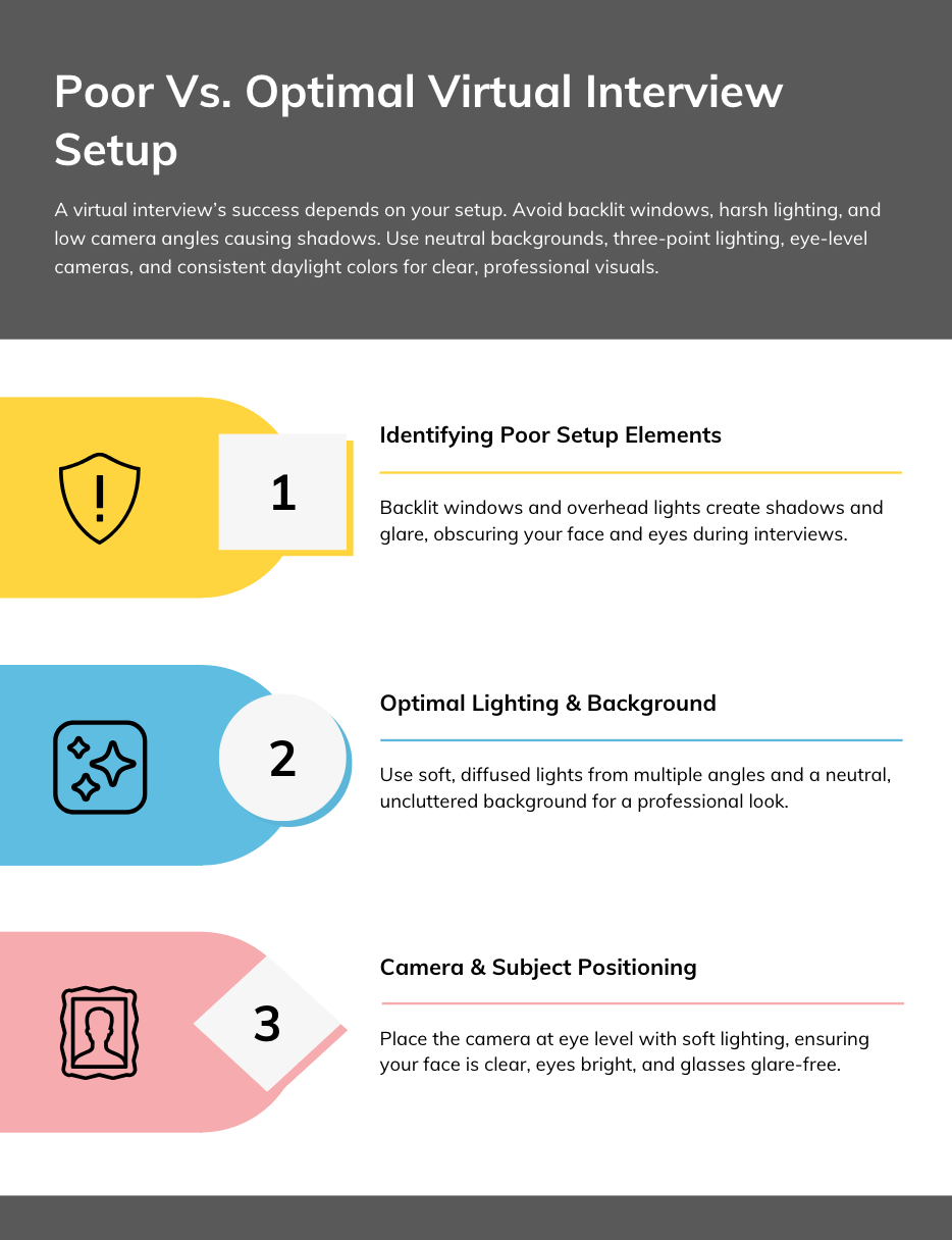 visual guide showing poor and optimal camera/lighting setups for virtual interviewual inte